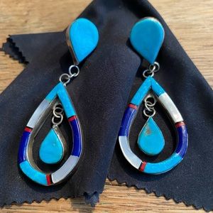 Sterling silver, turquoise, mother of Pearl, coral, and onyx inlay earrings